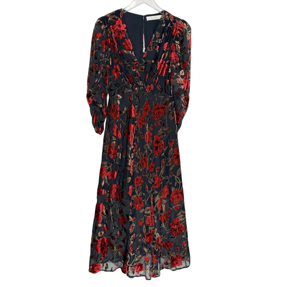 ASTR the Label Jalisca Floral Velvet Burnout Midi Dress S Red Black Whimsygoth